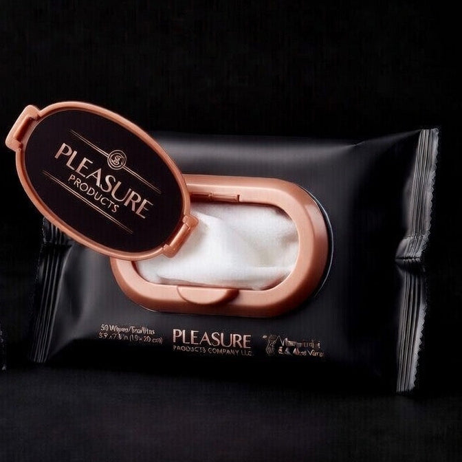 Pleasure Products luxury wet wipes packaging on a black background