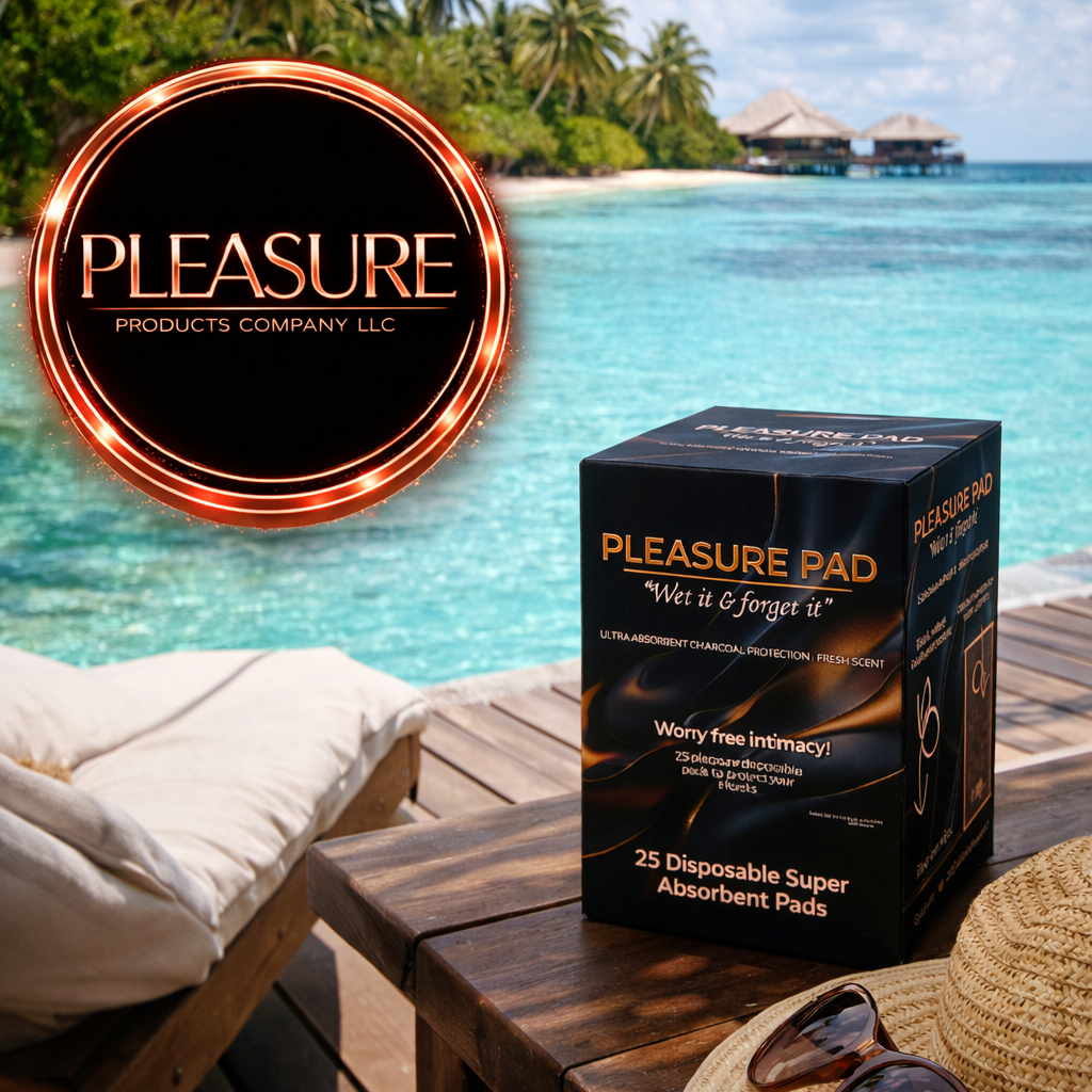 Pleasure Products Company box on a table with a tropical beach background