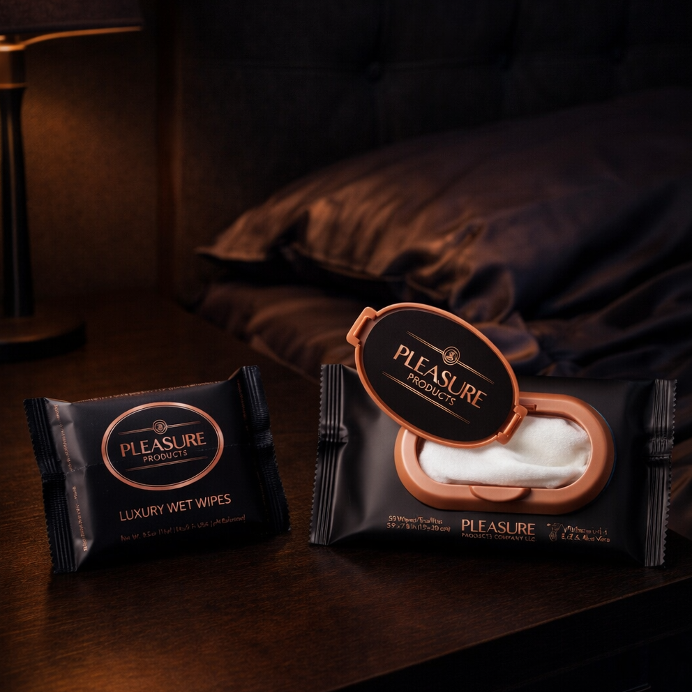 Pleasure brand wet wipes on a dark surface with a lamp and pillow in the background