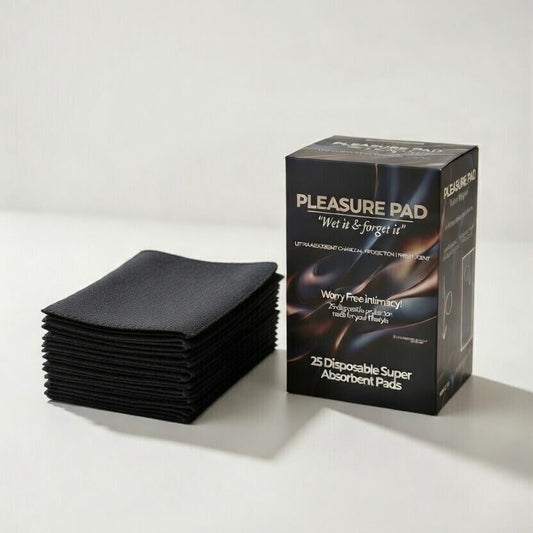 Box of Pleasure Pad disposable absorbent pads on a white background