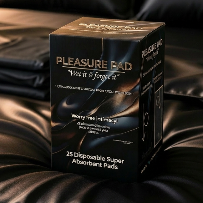 Box of Pleasure Pad on a dark satin surface with 'Pleasure' branding.